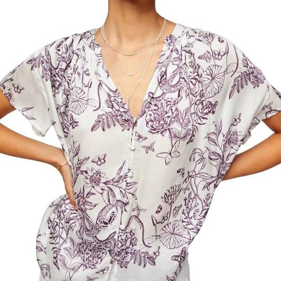 7 For All Mankind Tops - 7 For All Mankind Purple & White Floral Oriental Themed Short Sleeve Top…